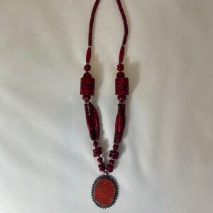 Red Carved Wood Bead and Metal Costume Jewelry Necklace 14" Length